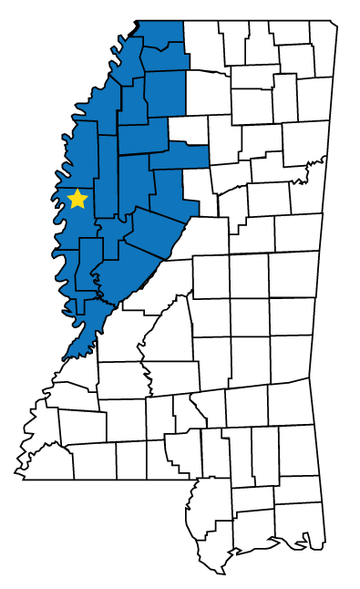 A Mississippi map showing counties of the Delta region in blue.