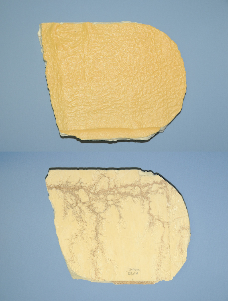 Two photos of a section of spray foam, showing front and back.
