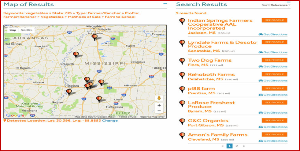Farm to school MarketMaker map search results.