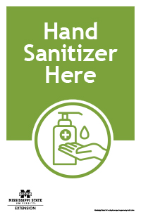 Poster with text "Hand Sanitizer Here" and clipart of a hand with a pump bottle.