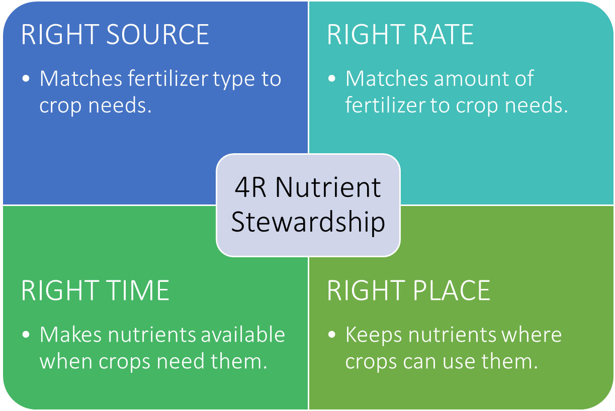 4R Nutrient Stewardship. Right source: Matches fertilizer to crop needs. Right rate: Matches amount of fertilizer to crop needs. Right time: Makes nutrients available when crops need them. Right place: Keeps nutrients where crops can use them.