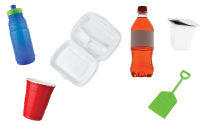 Example of items to recycle: reusable water bottle, red plastic cup, styrofoam take-out container, plastic soda bottle, plastic yogurt container, and plastic toy shovel.