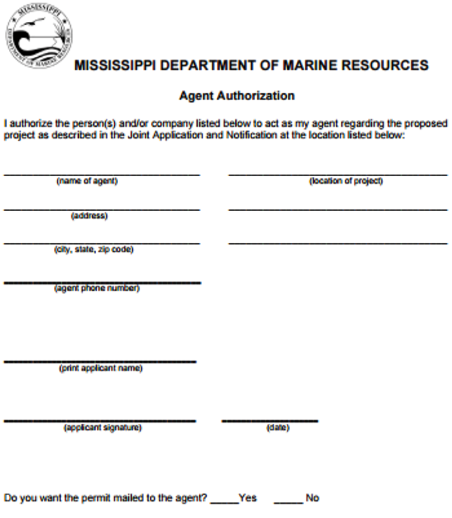 Example of Mississippi Department of Marine Resources Agent Authorization Form. 