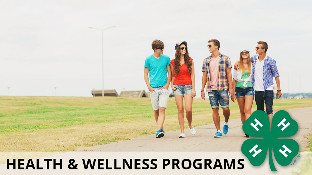 The 4-H Health & Wellness header. Shows a group of youth walking and talking.
