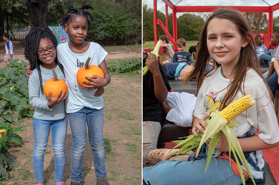 A boy and girl smiling and each holding a pumpkin; a girl smiling and holding an ear of corn.