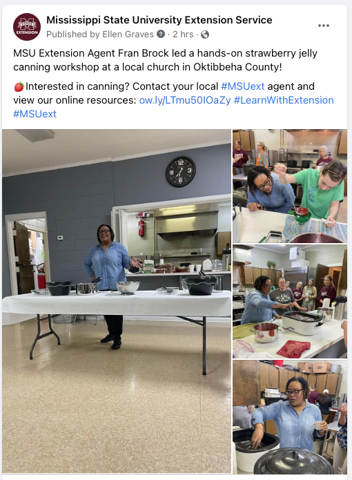 A Facebook post showing an Extension Agent teaching participants how to can strawberry jelly.