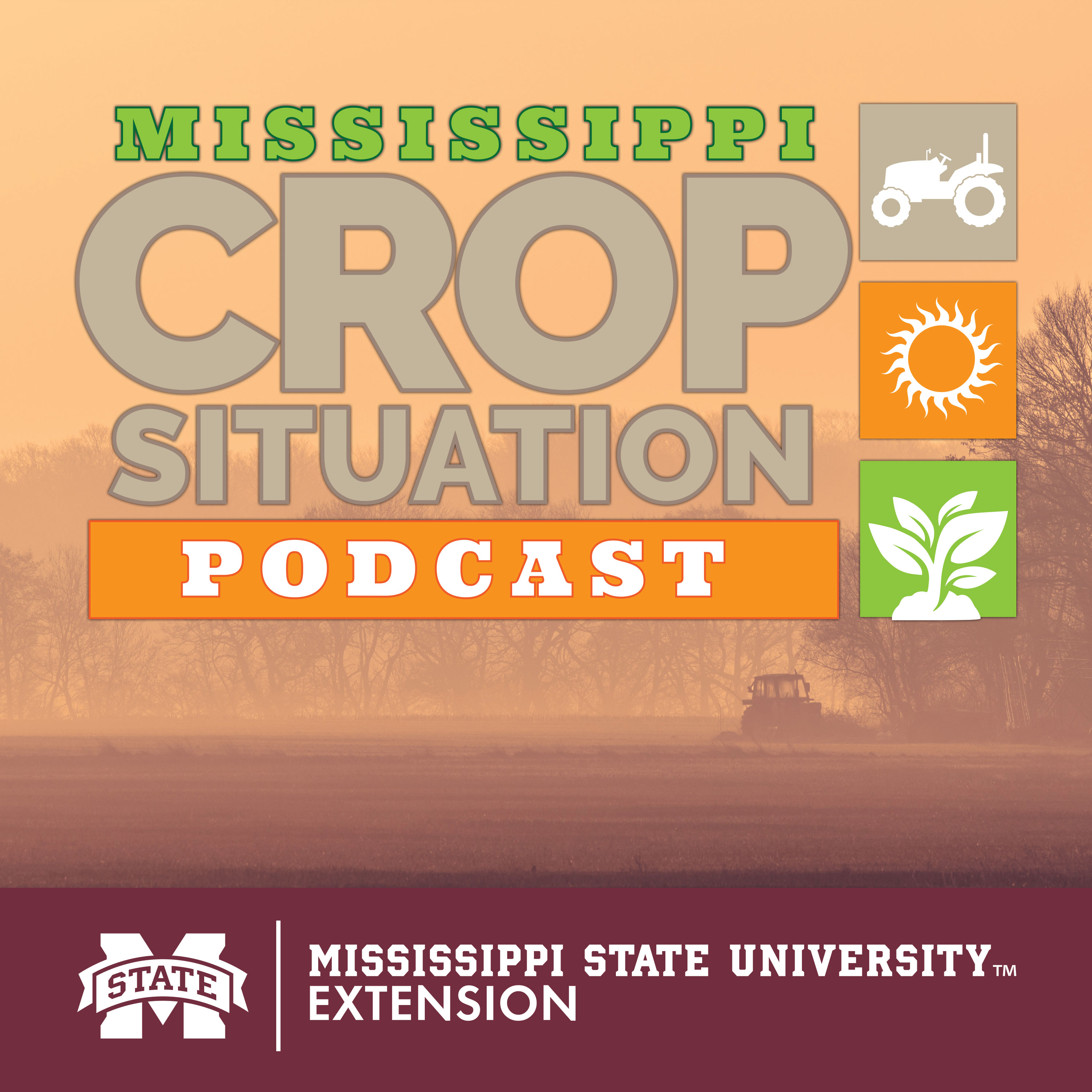 A logo that represents the Mississippi Crop Situation Podcast. The logo contains graphics that represent a tractor, the sun and a plant. 