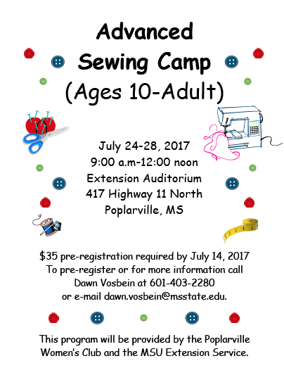 The Advanced Sewing Camp flyer for Pearl River County.