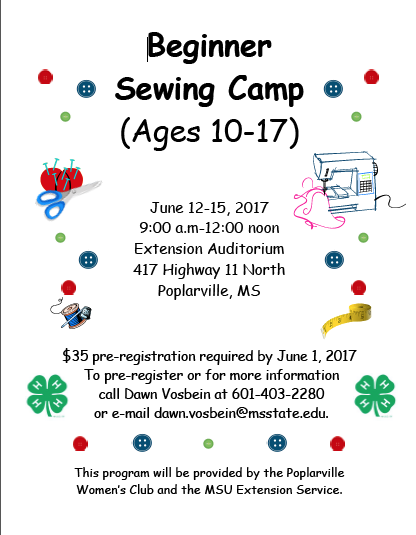 The flyer for the Beginner Sewing Camp in Pearl River County.
