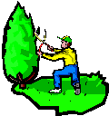 Man pruning a tall shrub. Illustration.