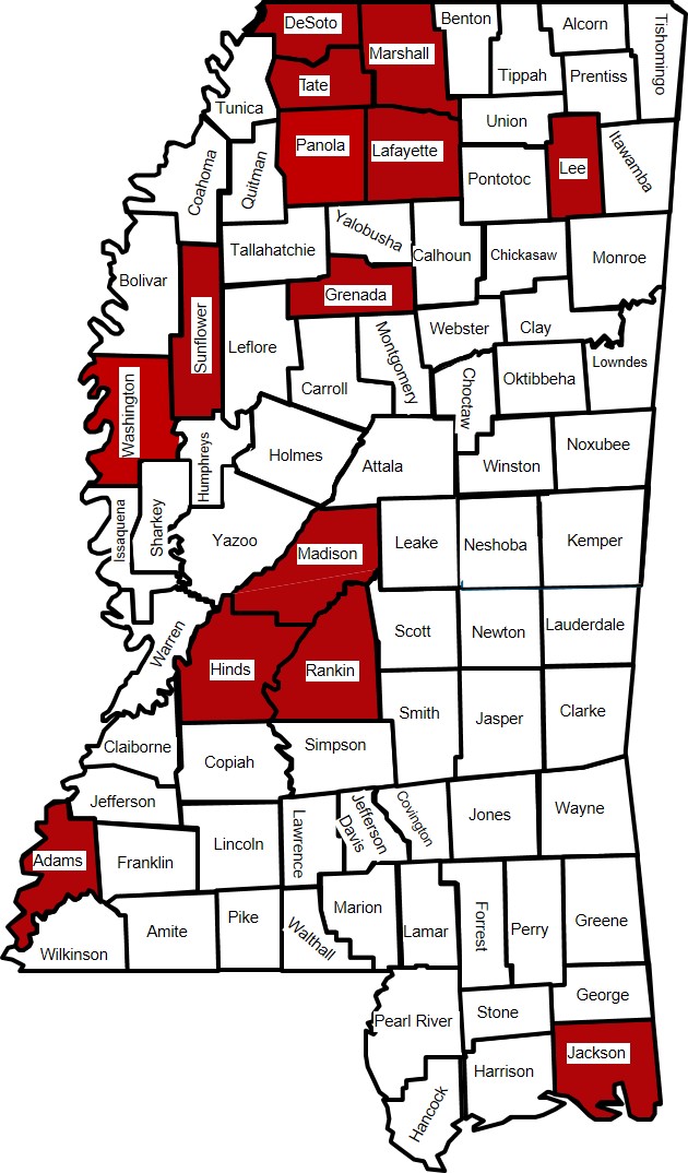 Map of Mississippi counties affected by Crape Myrtle Bark Scale. Counties listed in text.