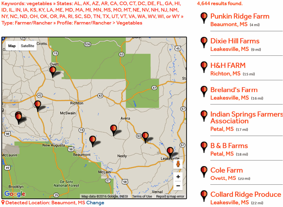 This image shows the number and location of vegetable farms registered in MarketMaker in Mississippi.