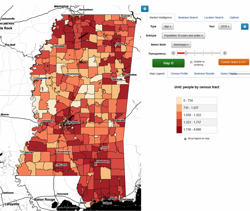 This MarketMaker map shows the distribution of Mississippi population 18 years and under in 2010. 