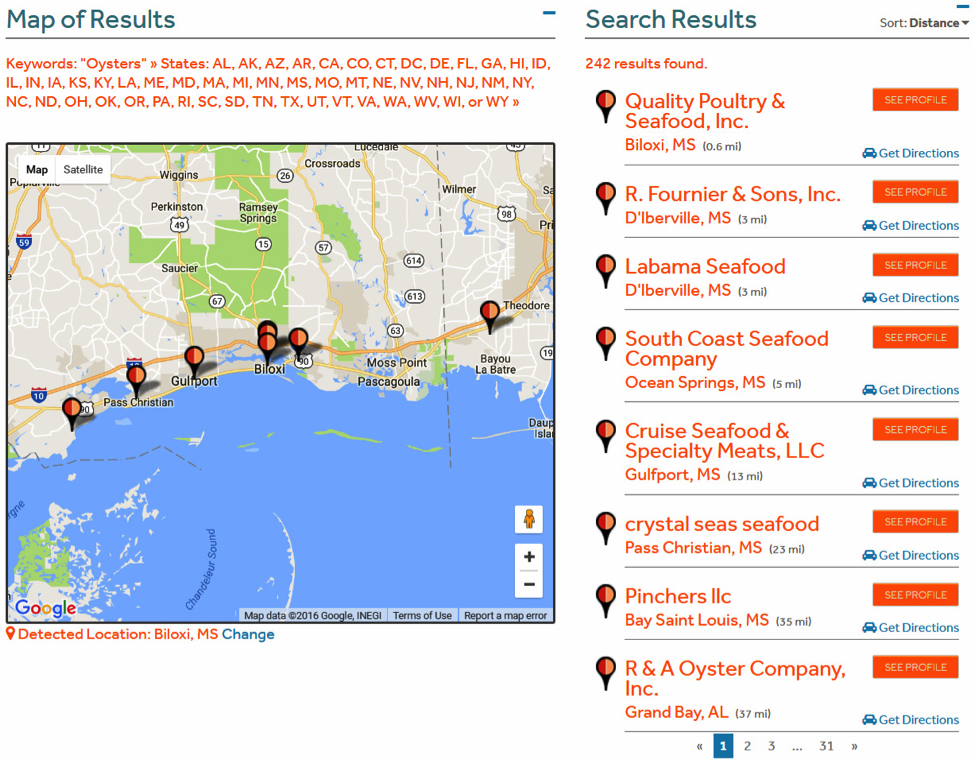 Chart showing some of the food businesses handling oyster products registered in MarketMaker.