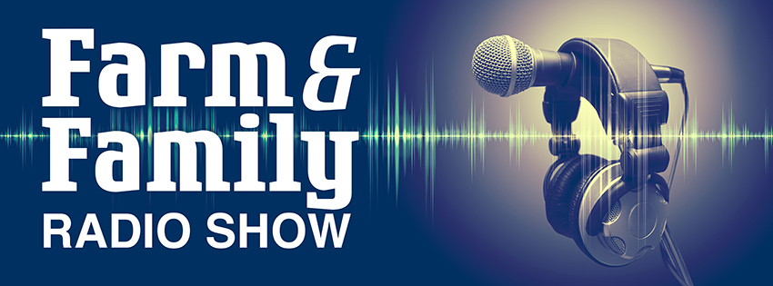 Farm and Family Radio Show. Microphone and headphones with audio waveform.