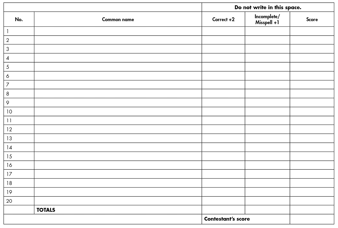 Junior Tree Identification score sheet with 20 lines for writing the common names of trees. Scoring columns indicate 2 points for correct answers and 1 point for incomplete or misspelled answers.