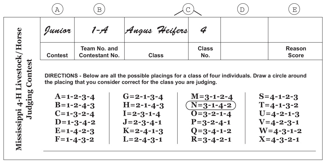 Placing card for Mississippi 4-H Livestock/Horse Judging Contest.