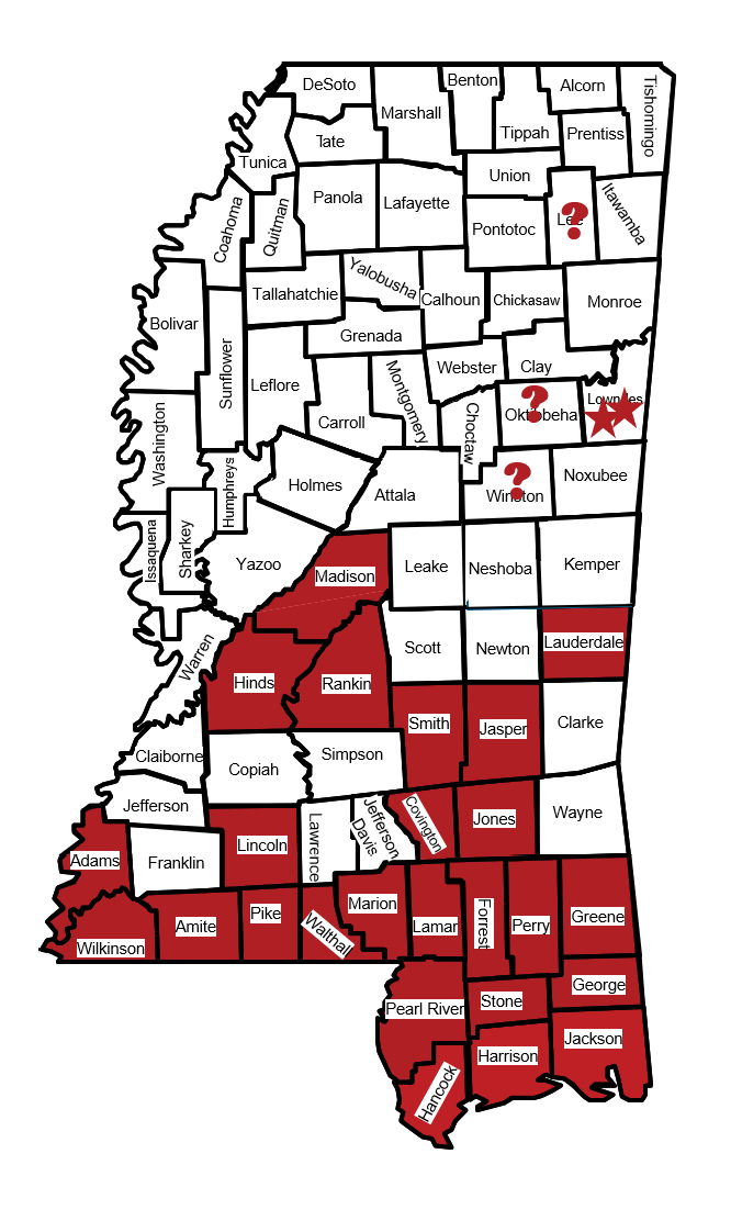 Mississippi counties with confirmed Formosan termites are Madison, Hinds, Rankin, Smith, Jasper, Lauderdale, Covington, Jones, Lincoln, Adams, Wilkinson, Amite, Pike, Walthall, Marion, Lamar, Forrest, Perry, Greene, Pearl River, Stone, George, Hancock, Harrison, and Jackson. Lee, Oktibbeha, Winston, and Lowndes Counties have had isolated infestations.