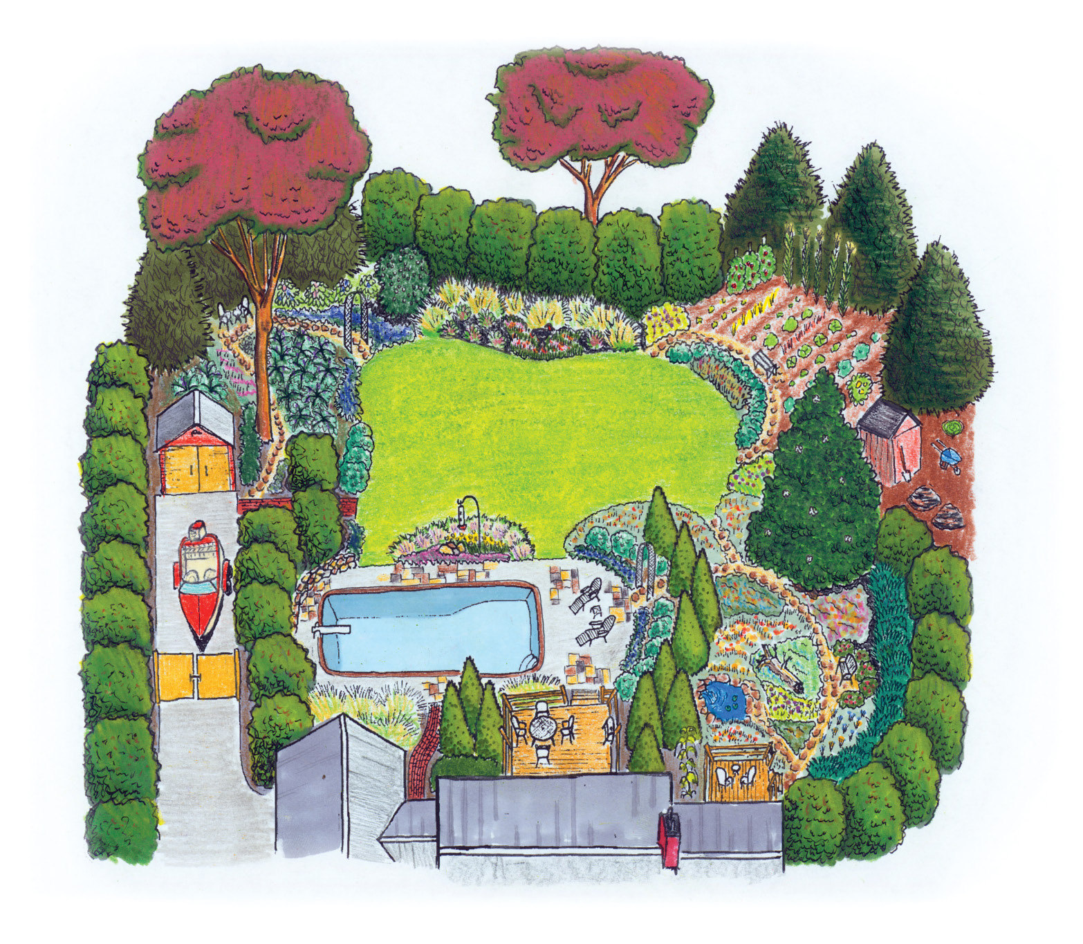Drawing of a home’s backyard landscape, with a pool, boat area, and various trees, shrubs, and other plantings.