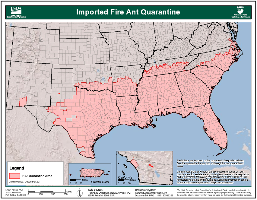 Imported fire ant quarantine map for the southern United States.