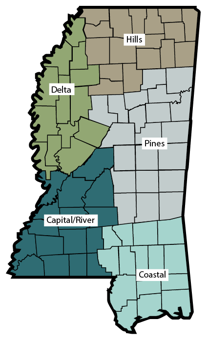 This map shows the counties that comprise each of the five geographic regions in Mississippi. See Footnote 4 for a list of these counties.