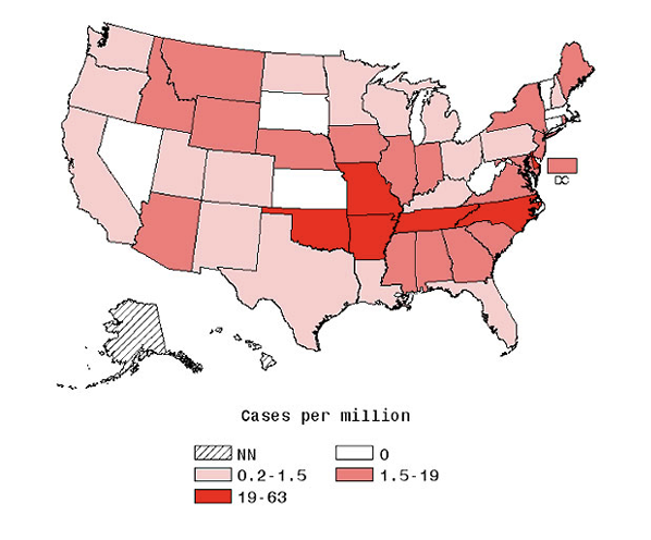 Interactive map at http://www.cdc.gov/rmsf/stats/ (link in caption).