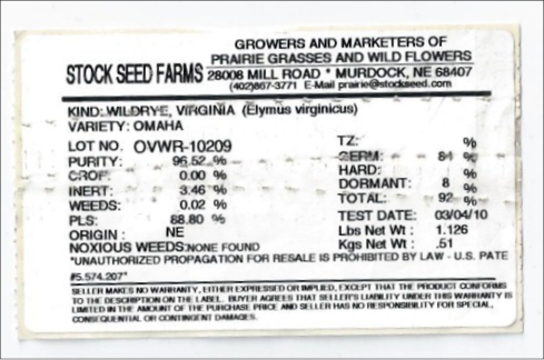 Sample seed lable with the information needed to calculate the pure live seed.