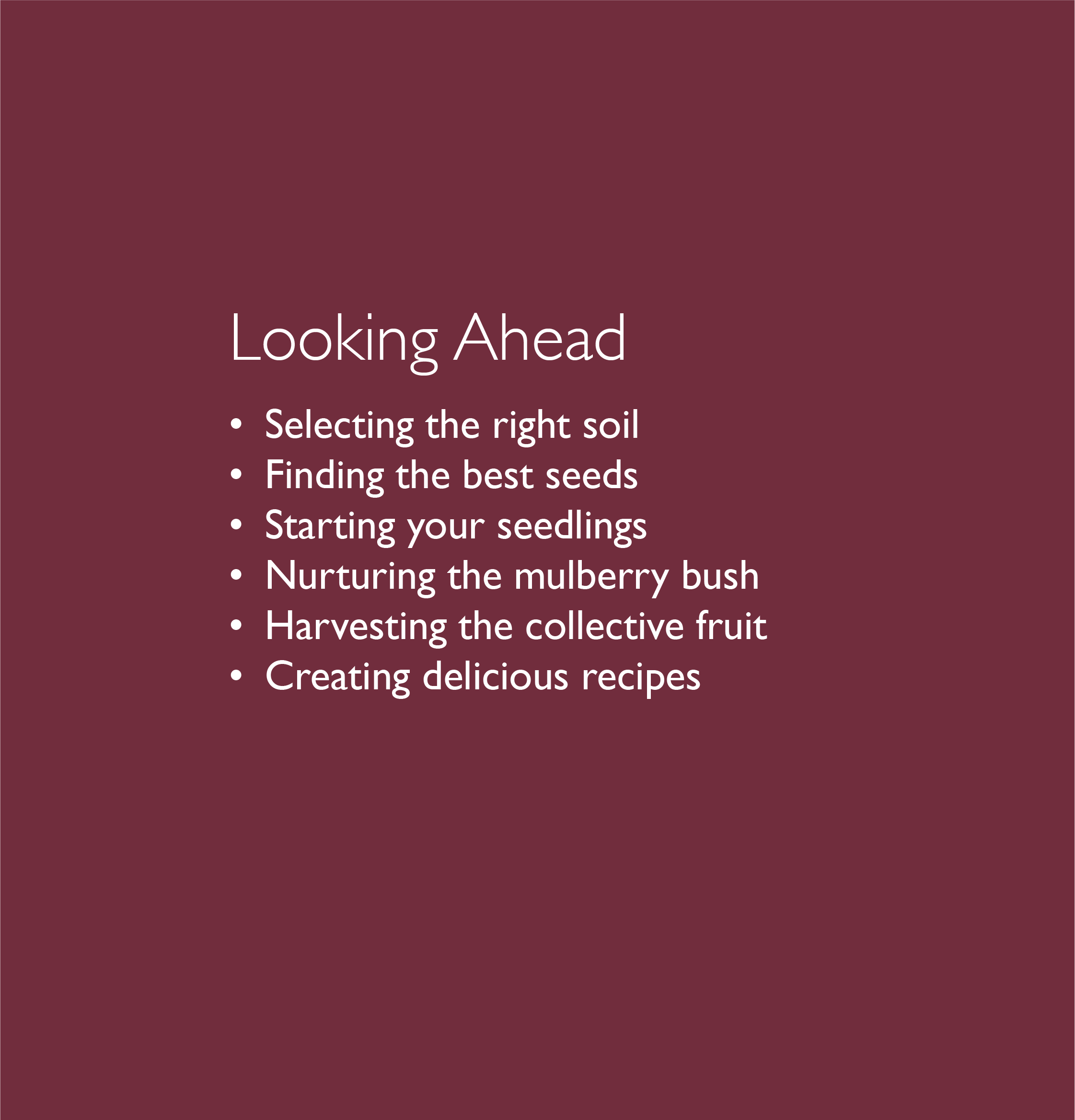 Example slide with the following text:  [Heading] Looking Ahead [Body] Selecting the right soil; finding the best seeds; starting your seedlings; nurturing the mulberry bush; harvesting the collective fruit; and creating delicious recipes. 
