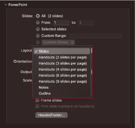 Screenshot of selecting the number of slides per page.