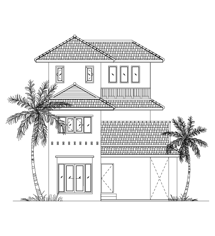 An illustration of a house with a tall palm tree at about the same height as the second-story roof on one side and a smaller palm at about the same height as the first-story roof on the other side.