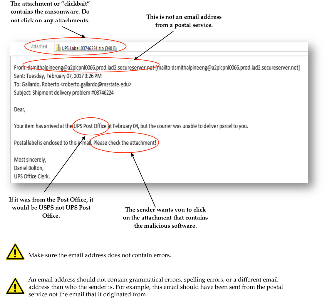 This image shows a screenshot of an email with warning signs.