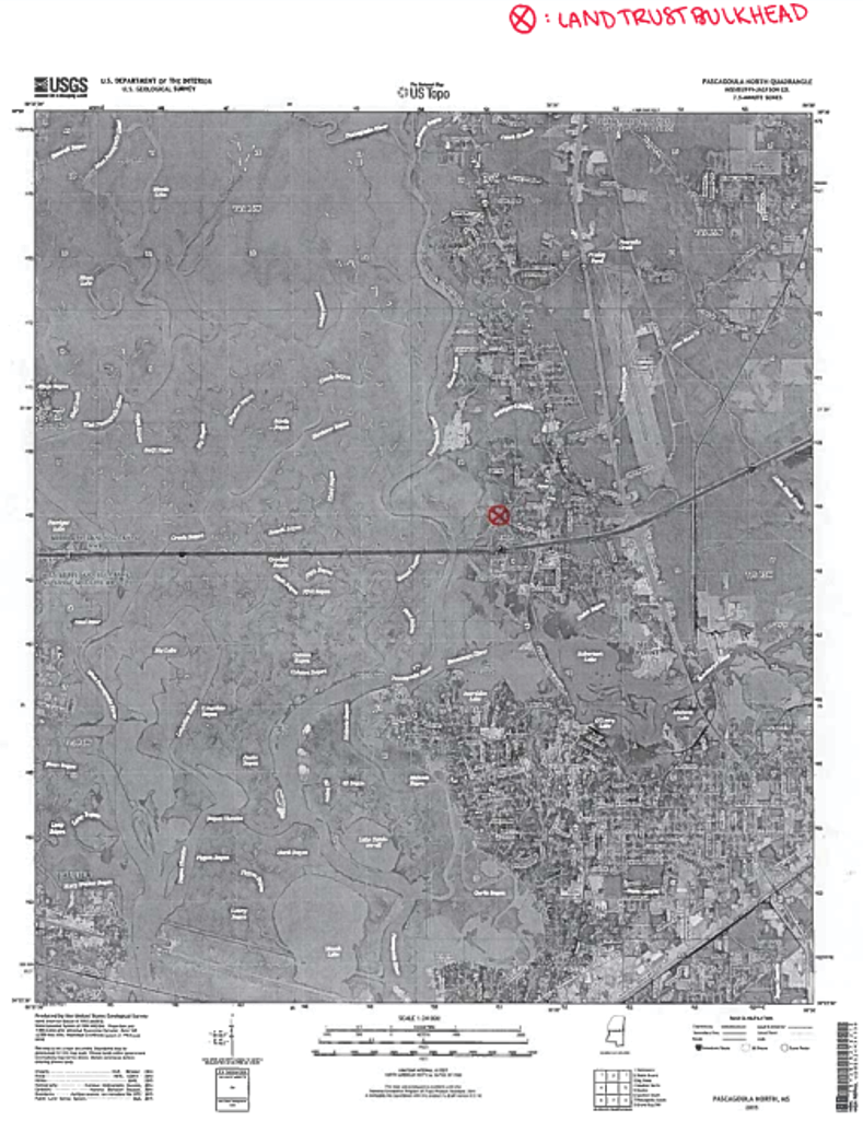 U.S. Geological Survey aerial map of a sample vicinity. A hand-drawn X marks Land Trust Bulkhead. 