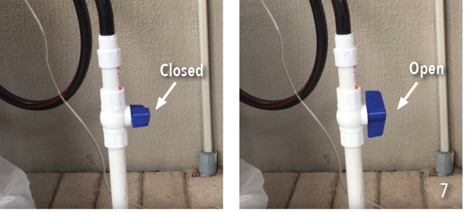 The knob on a closed ball valve is horizontal, and the knob on an open ball valve is vertical.