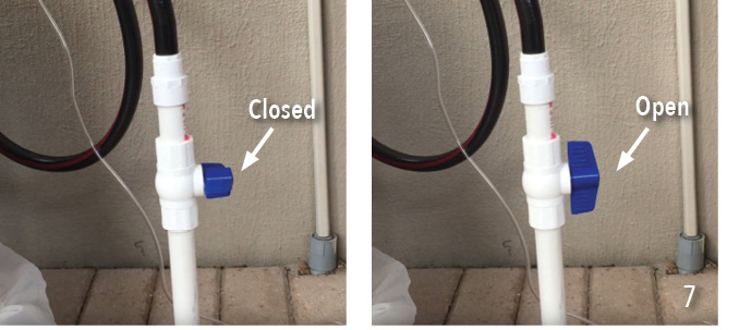 The knob on a closed ball valve is horizontal, and the knob on an open ball valve is vertical.