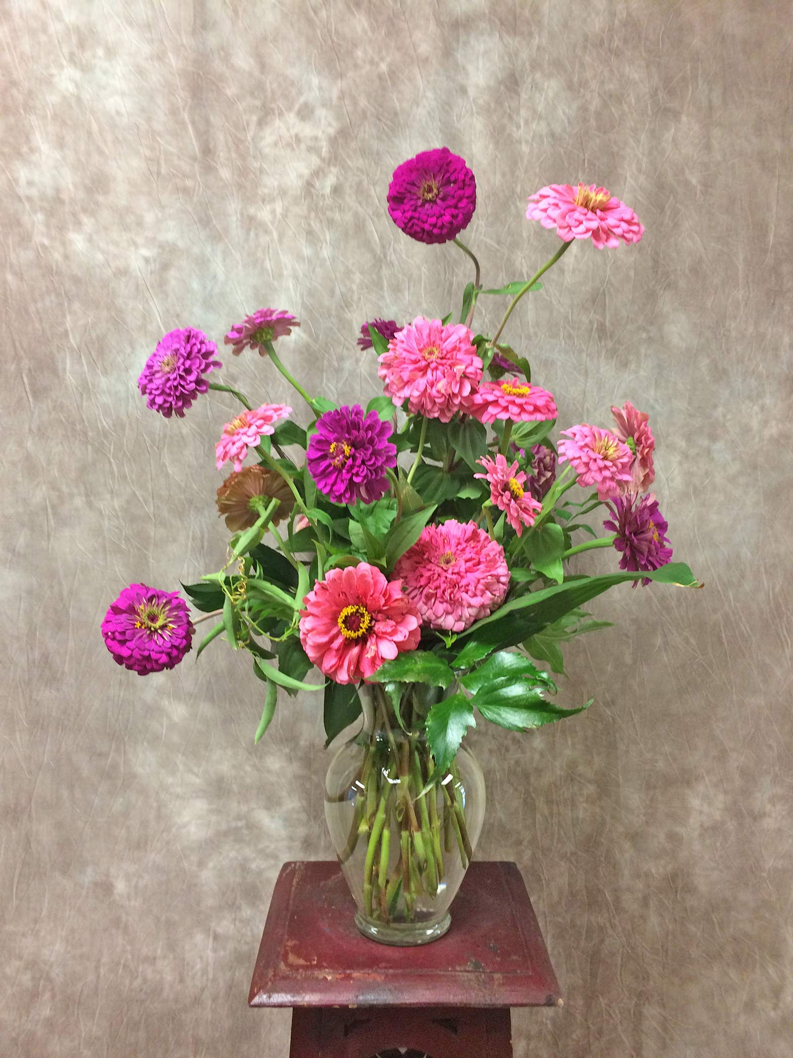 An arrangement of pink and violet zinnias in a glass vase.