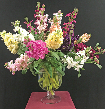 A footed vase full of colorful flowers.