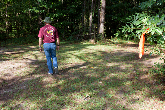 A person walks away into the woods. An orange flag is tied to a tree branch in the foreground.