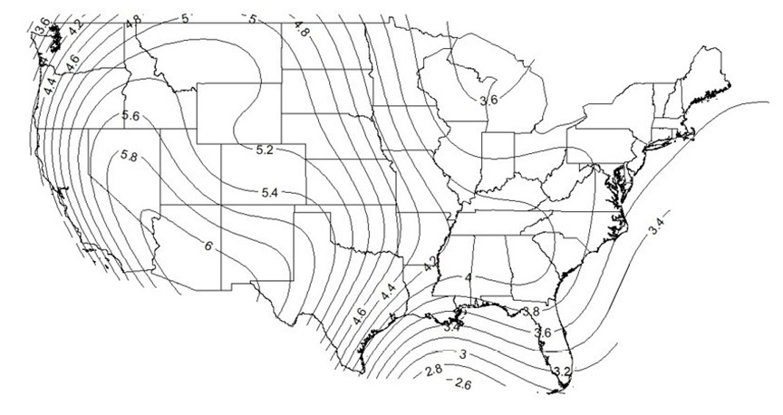 A U.S. map showing amount of water evaporated from 6-inch pads assuming 75 percent saturation efficiency across the country. Measurements range from 3.6 to 5 in the north and 3.2 to 5.4 in the south.