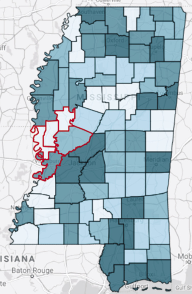 A map with Issaquena, Sharkey, Humphreys, Yazoo, and Warren Counties highlighted.