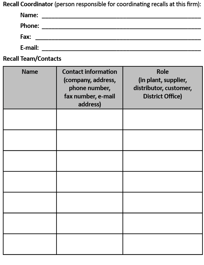 Sample form to complete for recall coordinator and team contact information and roles. 