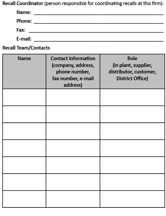 Sample form to complete for recall coordinator and team contact information and roles.