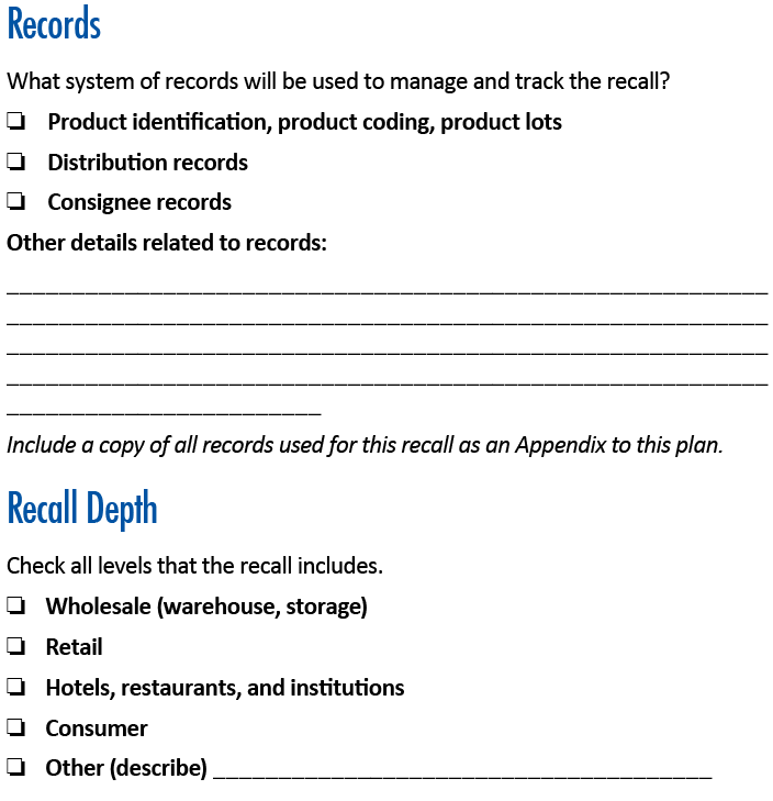 Sample document for planning for a recall. Includes information on record-keeping and recall depth.