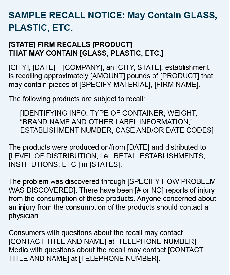 Sample fill-in recall notice for a contamination event.
