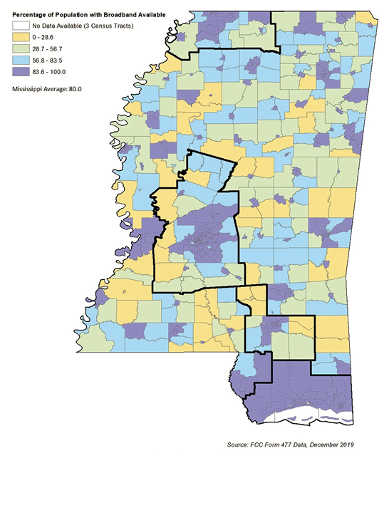 Image of map of Mississippi, description in caption. color-coded map shows the percentage of the population with broadband access throughout Mississippi.