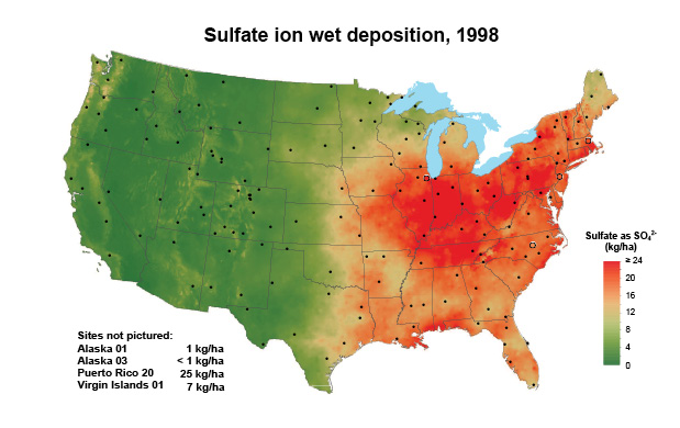 A map of the United States depicting sulfur deposition on soils in 1998. The western part of the country had little to moderate sulfur deposition. The eastern part of the country had larger amounts of sulfur deposition.