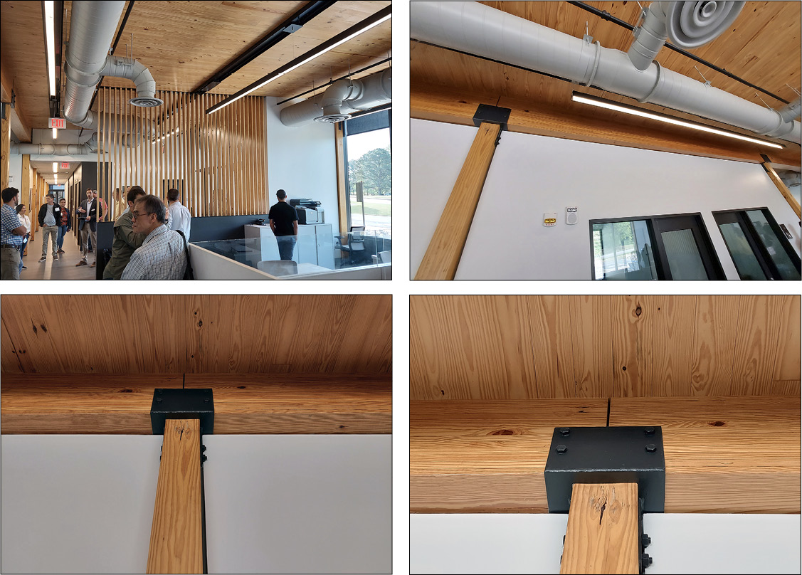 These four photos show the interior of a building constructed with mass timber.
