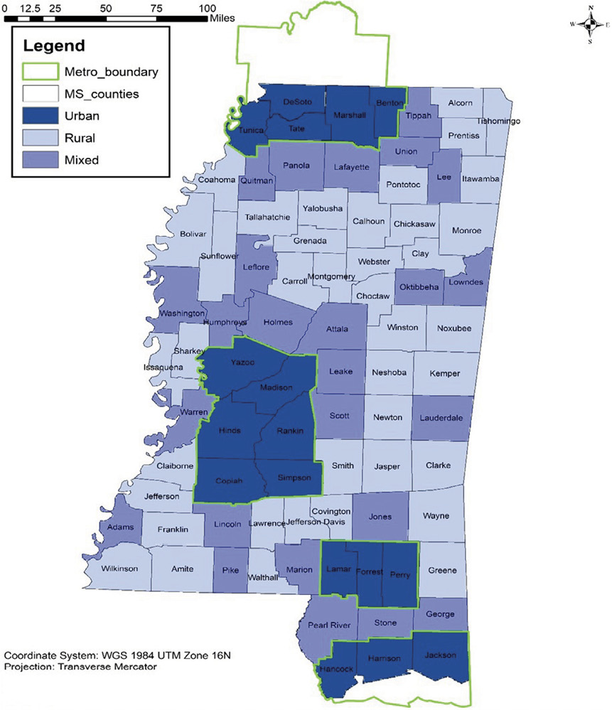 Mississippi map depicting county information in Table A.5. Counties in three geographical regions.