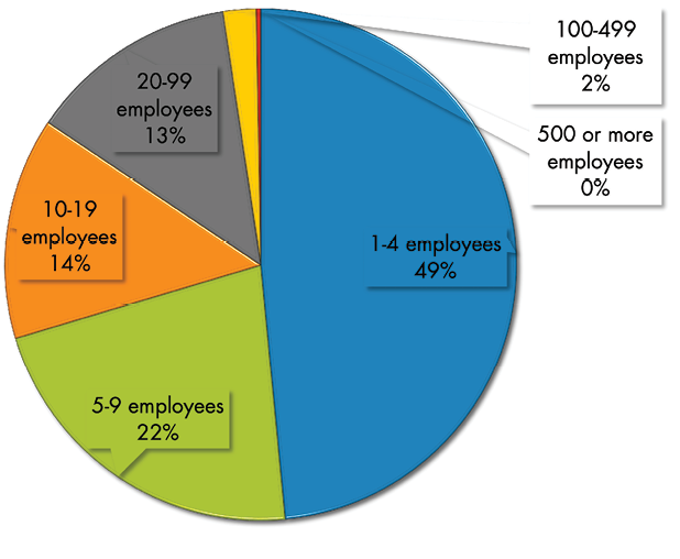 Share of establishments by size group: 20-99 employees, 13%; 10-19 employees, 14%; 5-9 employees, 22%; 1-4 employees, 49%; 100-499 employees, 2%; 500 or more employees, 0%.