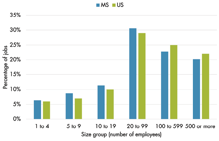 Bar chart information depicted in table: Share of job support by size group.