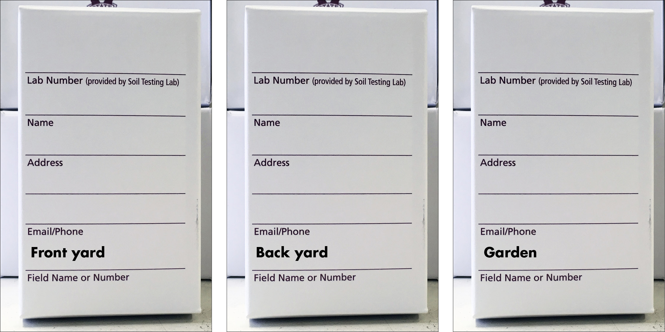 Three soil sample boxes labeled "front yard," "back yard," and "garden."